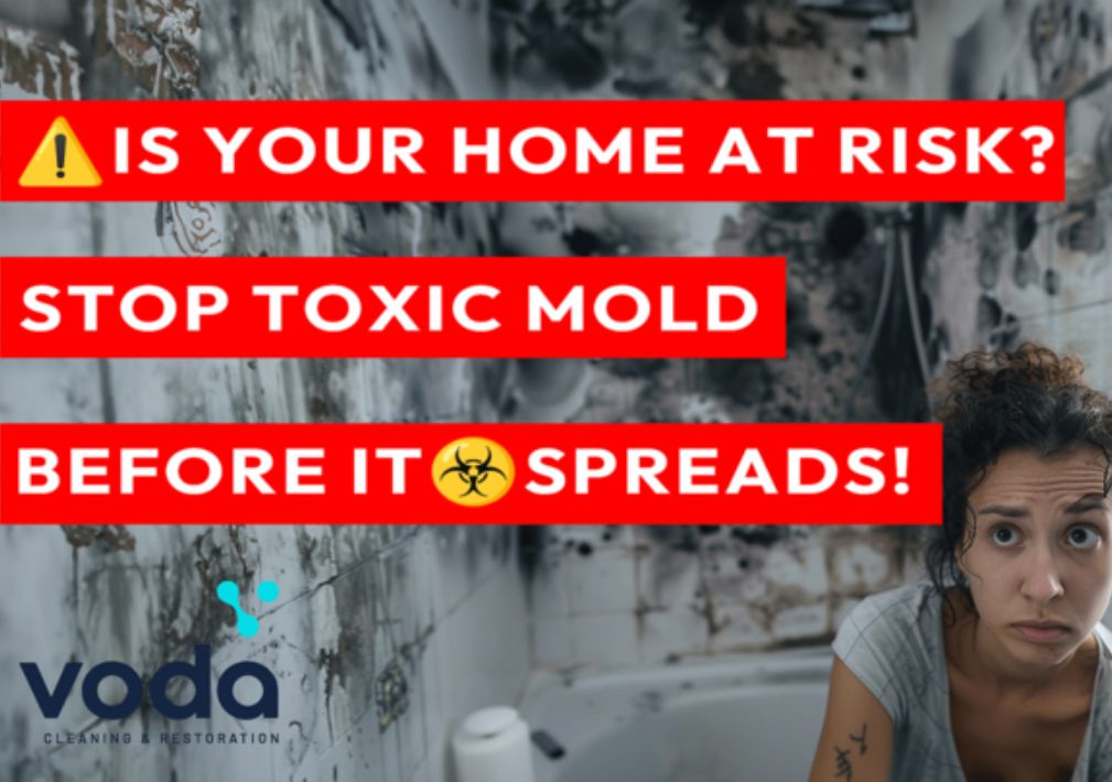 image of a lady behind her moldy bathroom, looking sad.