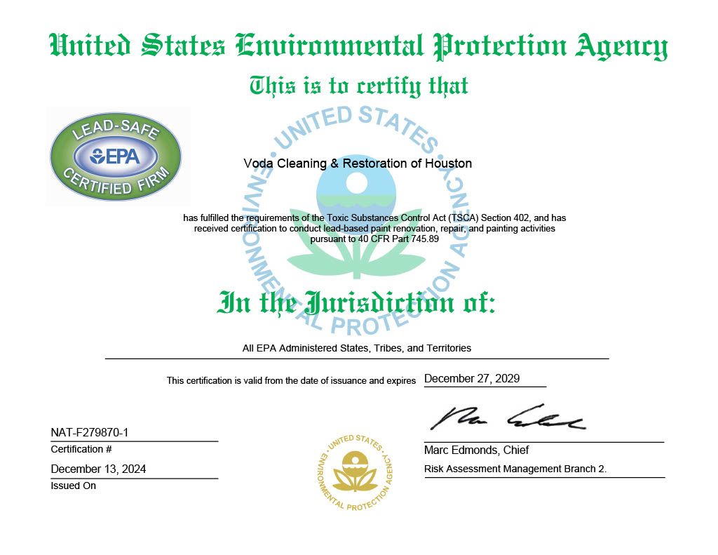 Voda Cleaning And Restoration Leadsafe Certification